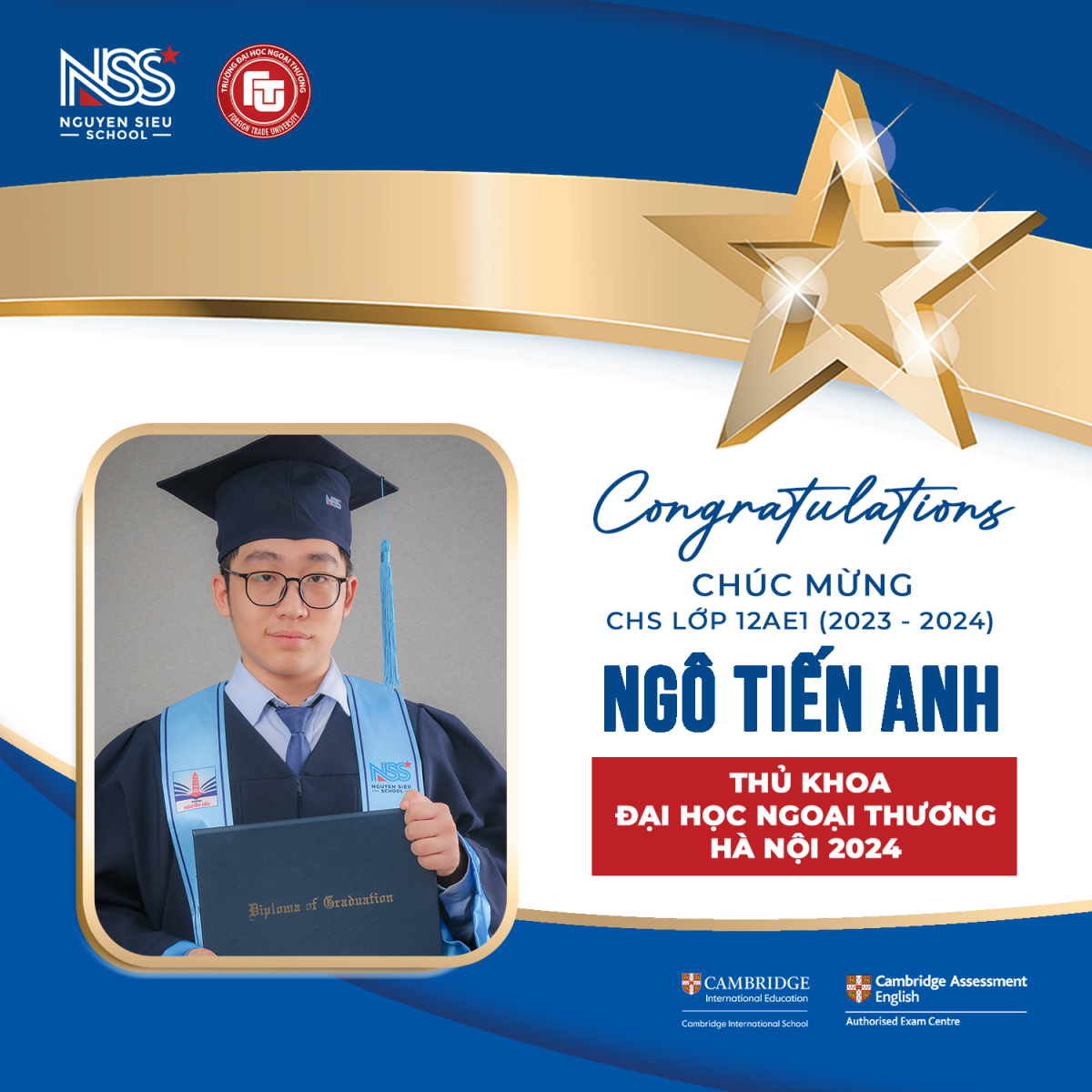 CHS NGUYỄN SIÊU TRỞ THÀNH THỦ KHOA TOÀN TRƯỜNG ĐẠI HỌC NGOẠI THƯƠNG HÀ NỘI 2024